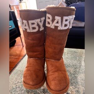UGG s tall classic 5185 embellished Brown Boots with Pearl 'BABY' & bow Details